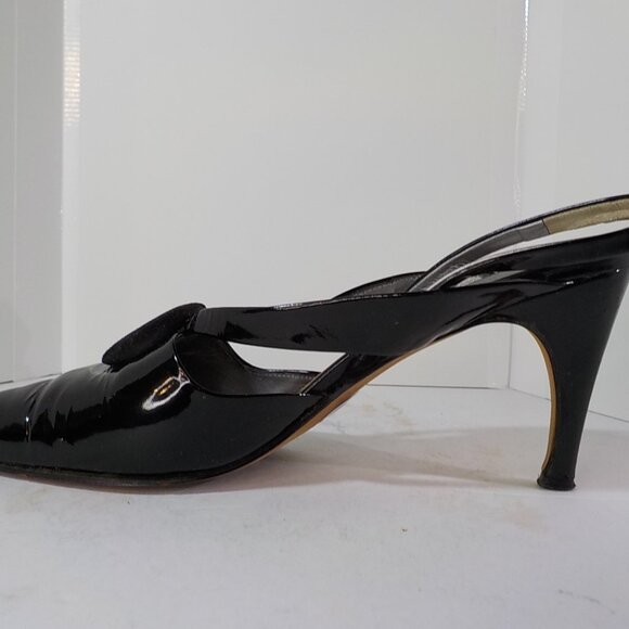 VIA SPIGA, Black Patent Leather, Sling Back Pumps with Suede Button Accent - Picture 7 of 11